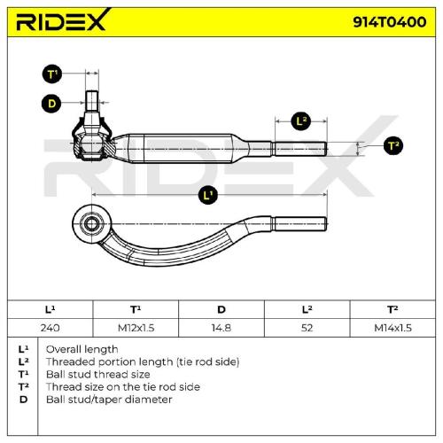 RIDEX Spurstangenkopf Vorderachse links Traggelenk MM14x1.5R 914T0400 Bild RIDEX Spurstangenkopf Vorderachse links Traggelenk MM14x1.5R 914T0400