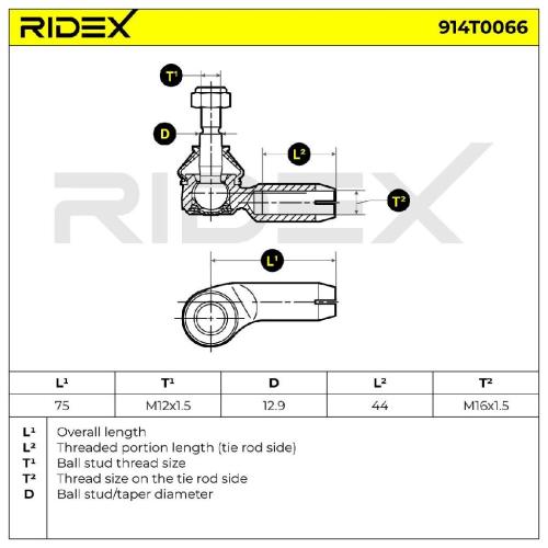 RIDEX Spurstangenkopf Vorderachse rechts außen Traggelenk M16x1,5 M12x1.5 mit Bild RIDEX Spurstangenkopf Vorderachse rechts außen Traggelenk M16x1,5 M12x1.5 mit