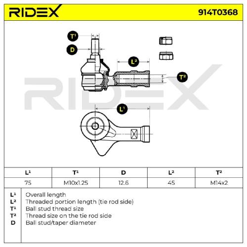 RIDEX Spurstangenkopf Vorderachse links außen Traggelenk M14x2 914T0368 mit Bild RIDEX Spurstangenkopf Vorderachse links außen Traggelenk M14x2 914T0368 mit