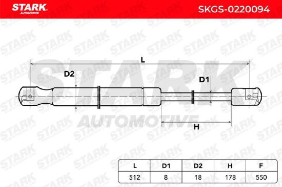 STARK SKGS-0220094 Heckklappendämpfer beidseitig Länge:512mm 550N Hub: 178mm Bild STARK SKGS-0220094 Heckklappendämpfer beidseitig Länge:512mm 550N Hub: 178mm