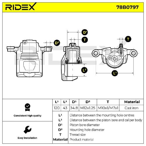 RIDEX 78B0797 Bremssattel Bremszange Hinten links für NISSAN 440111KD0A Bild RIDEX 78B0797 Bremssattel Bremszange Hinten links für NISSAN 440111KD0A