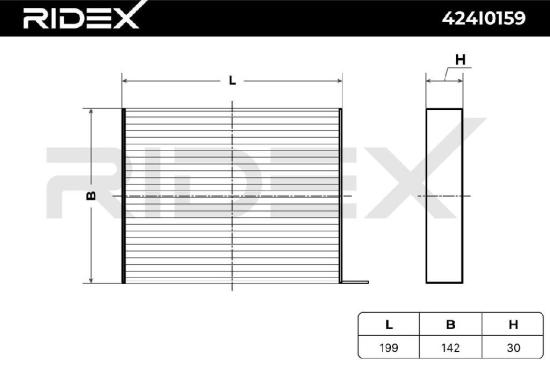 RIDEX 424I0159 Innenraumfilter Pollenfilter Höhe: 30 Breite: 142 Länge: 199 Bild RIDEX 424I0159 Innenraumfilter Pollenfilter Höhe: 30 Breite: 142 Länge: 199