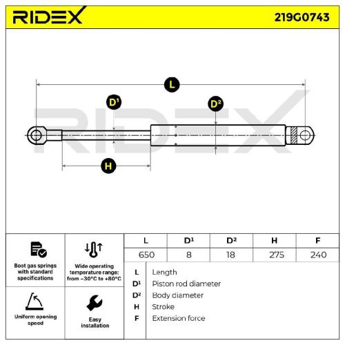 RIDEX 219G0743 Heckklappendämpfer Länge:650mm 240N Hub: 275mm für CITROËN BX Bild RIDEX 219G0743 Heckklappendämpfer Länge:650mm 240N Hub: 275mm für CITROËN BX