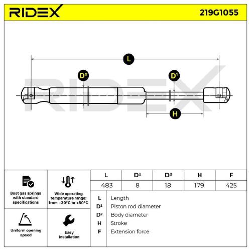 RIDEX 219G1055 Heckklappendämpfer beidseitig Länge:483mm 425N Hub: 179mm Bild RIDEX 219G1055 Heckklappendämpfer beidseitig Länge:483mm 425N Hub: 179mm