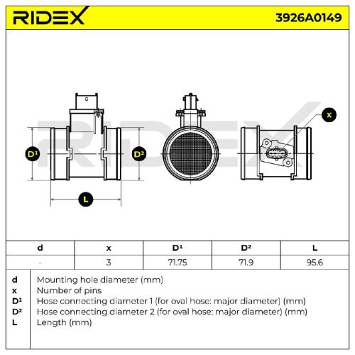 RIDEX 3926A0149 Luftmassenmesser/Luftmengenmesser LMM mit Gehäuse 3-Polig Bild RIDEX 3926A0149 Luftmassenmesser/Luftmengenmesser LMM mit Gehäuse 3-Polig