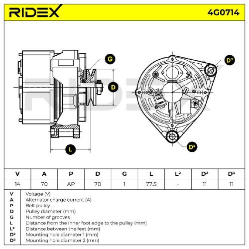 RIDEX 4G0714 Lichtmaschine 70A 12V Drehrichtung im Uhrzeigersinn mit Bild RIDEX 4G0714 Lichtmaschine 70A 12V Drehrichtung im Uhrzeigersinn mit