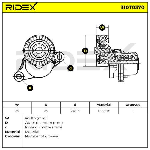 RIDEX 310T0370 Spannrolle Keilrippenriemen passend für PEUGEOT 2008 Kombi (CU) Bild RIDEX 310T0370 Spannrolle Keilrippenriemen passend für PEUGEOT 2008 Kombi (CU)