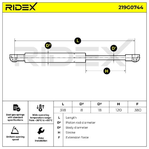 RIDEX 219G0744 Heckklappendämpfer Länge:318mm 380N Hub: 120mm für SAAB 9-3 Bild RIDEX 219G0744 Heckklappendämpfer Länge:318mm 380N Hub: 120mm für SAAB 9-3
