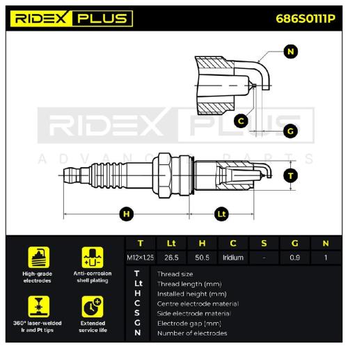 RIDEX PLUS 686S0111P Zündkerze Iridium Iridium Nickel Spanner Size: 16 mm Bild RIDEX PLUS 686S0111P Zündkerze Iridium Iridium Nickel Spanner Size: 16 mm