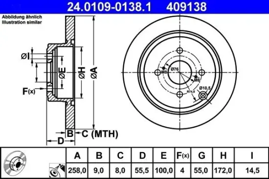 Bremsscheibe Hinterachse Hinterachse ATE 24.0109-0138.1 Bild Bremsscheibe Hinterachse Hinterachse ATE 24.0109-0138.1