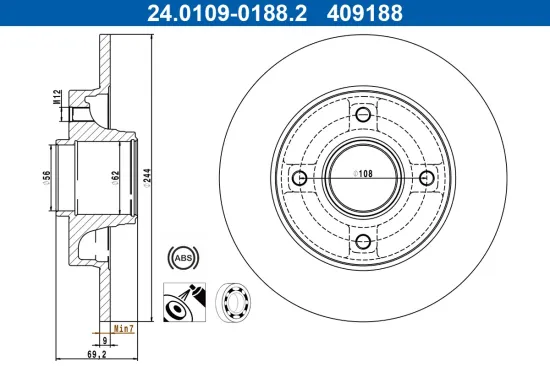 Bremsscheibe Hinterachse ATE 24.0109-0188.2 Bild Bremsscheibe Hinterachse ATE 24.0109-0188.2