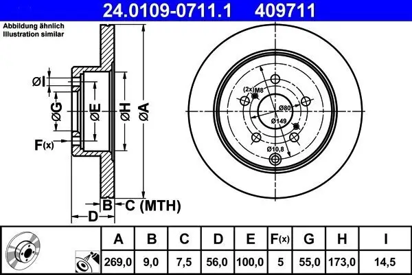 Bremsscheibe Hinterachse ATE 24.0109-0711.1