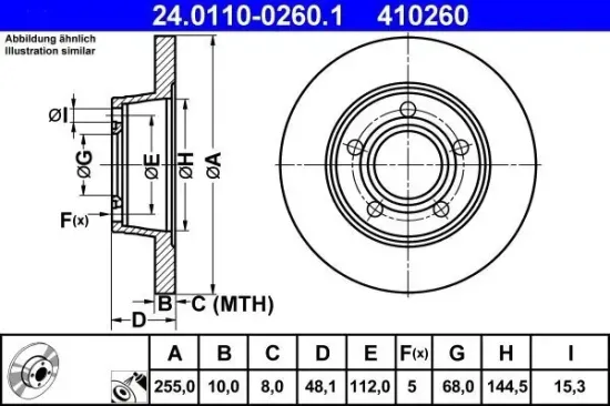 Bremsscheibe Hinterachse ATE 24.0110-0260.1 Bild Bremsscheibe Hinterachse ATE 24.0110-0260.1