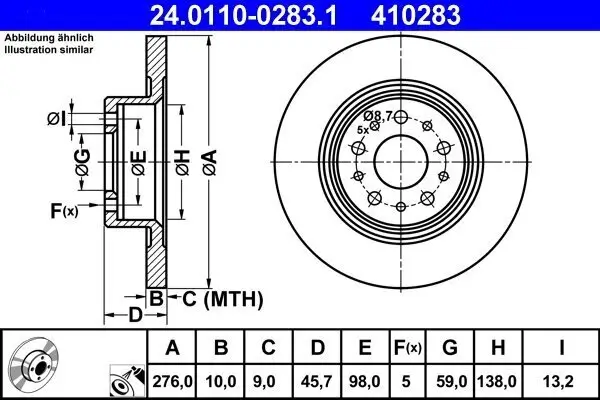 Bremsscheibe Hinterachse ATE 24.0110-0283.1