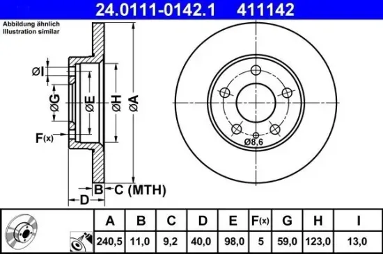 Bremsscheibe Hinterachse ATE 24.0111-0142.1 Bild Bremsscheibe Hinterachse ATE 24.0111-0142.1