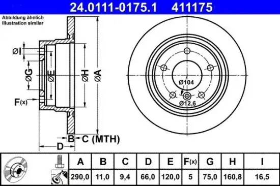 Bremsscheibe Hinterachse ATE 24.0111-0175.1 Bild Bremsscheibe Hinterachse ATE 24.0111-0175.1