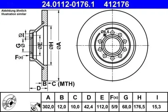 Bremsscheibe Hinterachse ATE 24.0112-0176.1 Bild Bremsscheibe Hinterachse ATE 24.0112-0176.1