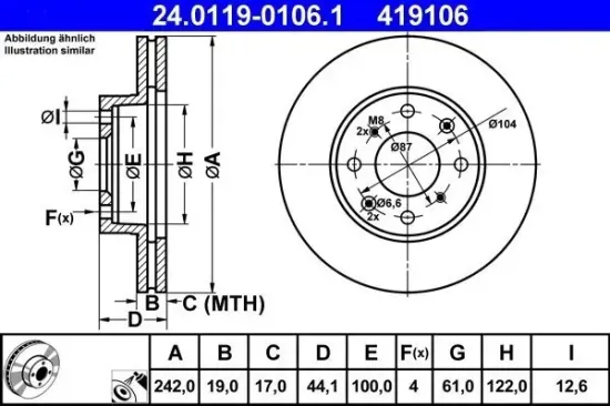 Bremsscheibe Vorderachse ATE 24.0119-0106.1 Bild Bremsscheibe Vorderachse ATE 24.0119-0106.1