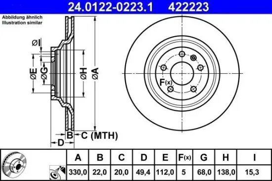 Bremsscheibe Hinterachse ATE 24.0122-0223.1 Bild Bremsscheibe Hinterachse ATE 24.0122-0223.1