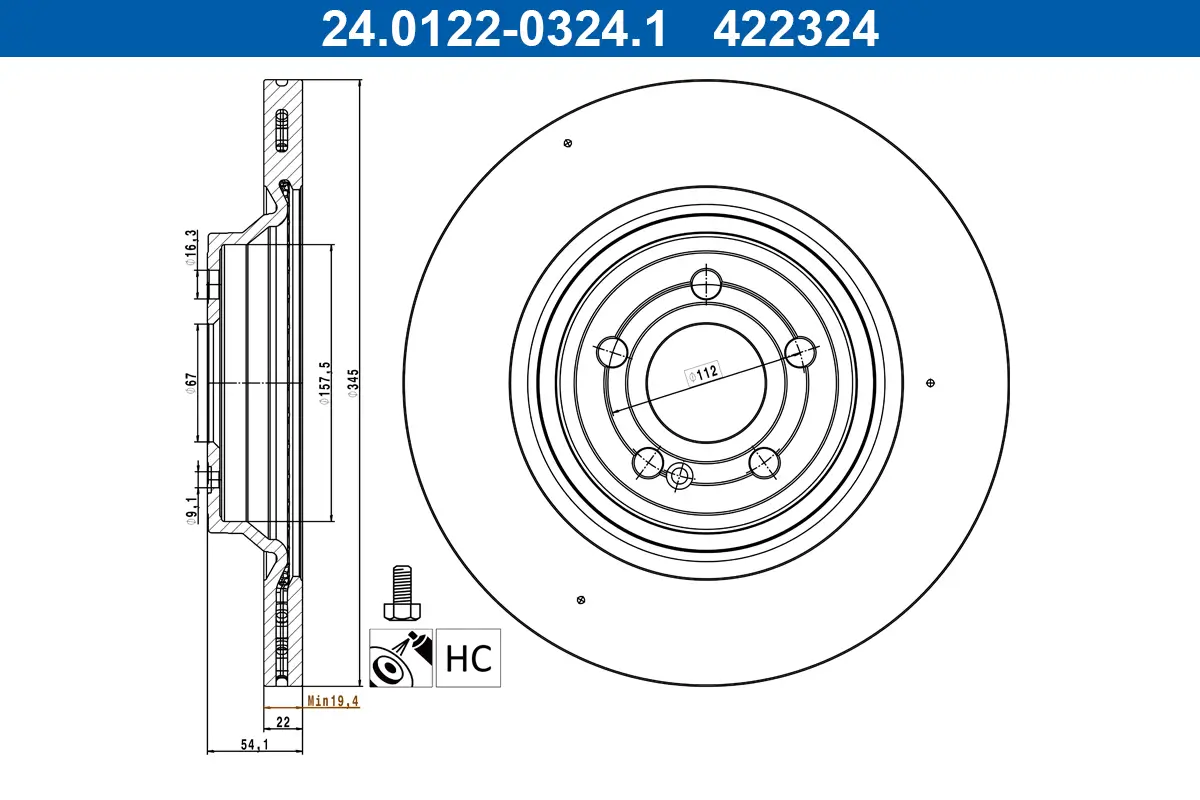 Bremsscheibe Hinterachse ATE 24.0122-0324.1