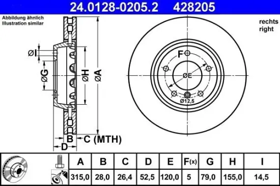 Bremsscheibe Vorderachse rechts ATE 24.0128-0205.2 Bild Bremsscheibe Vorderachse rechts ATE 24.0128-0205.2