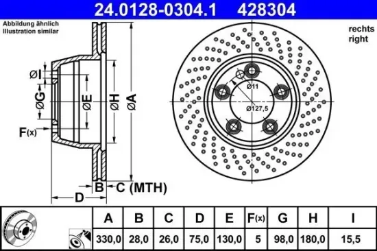 Bremsscheibe Hinterachse rechts ATE 24.0128-0304.1 Bild Bremsscheibe Hinterachse rechts ATE 24.0128-0304.1