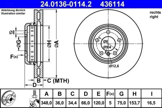 Bremsscheibe Vorderachse rechts ATE 24.0136-0114.2 Bild Bremsscheibe Vorderachse rechts ATE 24.0136-0114.2