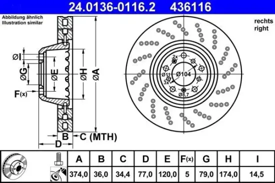 Bremsscheibe Vorderachse rechts ATE 24.0136-0116.2 Bild Bremsscheibe Vorderachse rechts ATE 24.0136-0116.2
