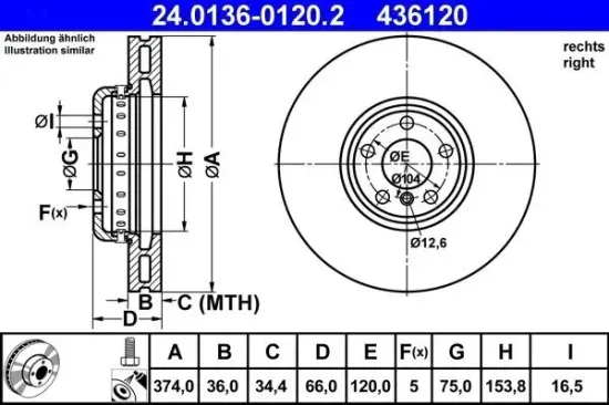 Bremsscheibe Vorderachse rechts ATE 24.0136-0120.2 Bild Bremsscheibe Vorderachse rechts ATE 24.0136-0120.2