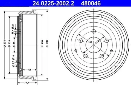 Bremstrommel Hinterachse ATE 24.0225-2002.2 Bild Bremstrommel Hinterachse ATE 24.0225-2002.2