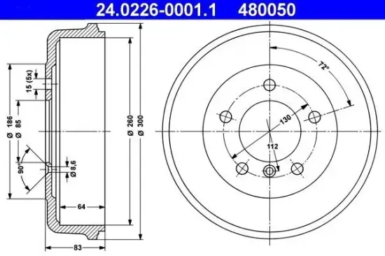 Bremstrommel Hinterachse ATE 24.0226-0001.1 Bild Bremstrommel Hinterachse ATE 24.0226-0001.1