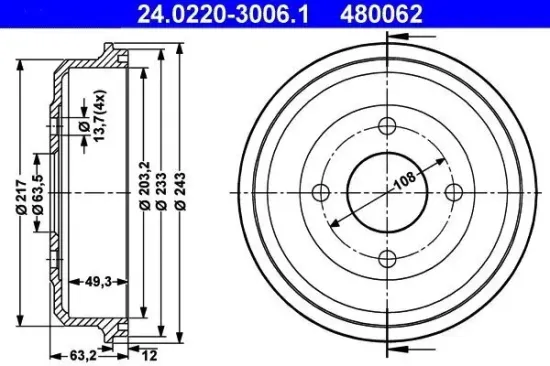 Bremstrommel Hinterachse ATE 24.0220-3006.1 Bild Bremstrommel Hinterachse ATE 24.0220-3006.1