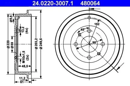 Bremstrommel Hinterachse ATE 24.0220-3007.1 Bild Bremstrommel Hinterachse ATE 24.0220-3007.1