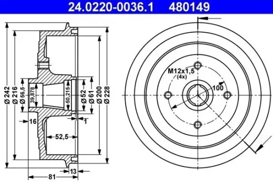 Bremstrommel Hinterachse ATE 24.0220-0036.1 Bild Bremstrommel Hinterachse ATE 24.0220-0036.1