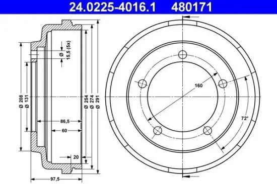 Bremstrommel Hinterachse ATE 24.0225-4016.1 Bild Bremstrommel Hinterachse ATE 24.0225-4016.1