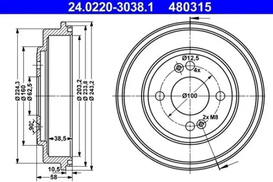 Bremstrommel Hinterachse ATE 24.0220-3038.1 Bild Bremstrommel Hinterachse ATE 24.0220-3038.1