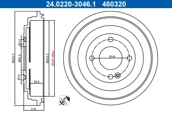 Bremstrommel Hinterachse ATE 24.0220-3046.1 Bild Bremstrommel Hinterachse ATE 24.0220-3046.1