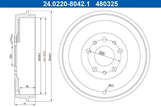 Bremstrommel Hinterachse ATE 24.0222-8042.1 Bild Bremstrommel Hinterachse ATE 24.0222-8042.1