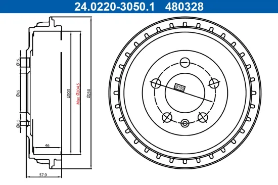 Bremstrommel Hinterachse ATE 24.0220-3050.1 Bild Bremstrommel Hinterachse ATE 24.0220-3050.1