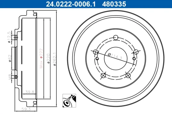 Bremstrommel Hinterachse ATE 24.0222-0006.1 Bild Bremstrommel Hinterachse ATE 24.0222-0006.1