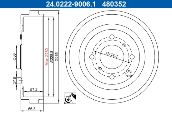 Bremstrommel Hinterachse ATE 24.0222-9006.1 Bild Bremstrommel Hinterachse ATE 24.0222-9006.1