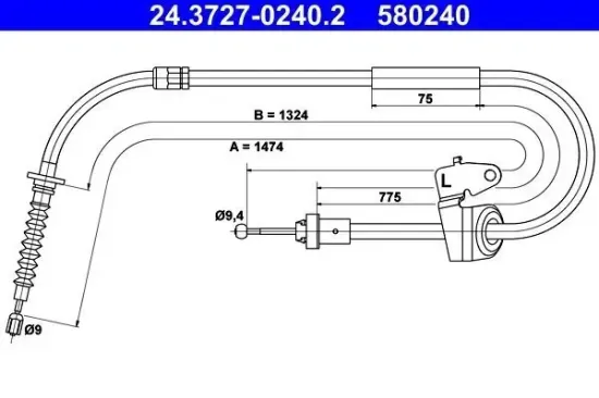 Seilzug, Feststellbremse hinten links ATE 24.3727-0240.2 Bild Seilzug, Feststellbremse hinten links ATE 24.3727-0240.2