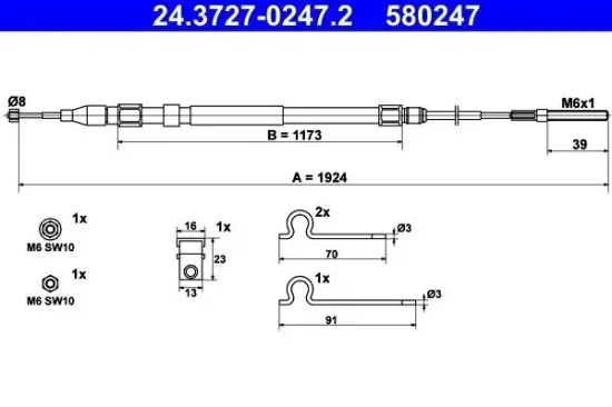 Seilzug, Feststellbremse hinten links ATE 24.3727-0247.2 Bild Seilzug, Feststellbremse hinten links ATE 24.3727-0247.2