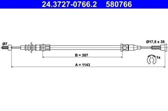 Seilzug, Feststellbremse hinten rechts ATE 24.3727-0766.2 Bild Seilzug, Feststellbremse hinten rechts ATE 24.3727-0766.2