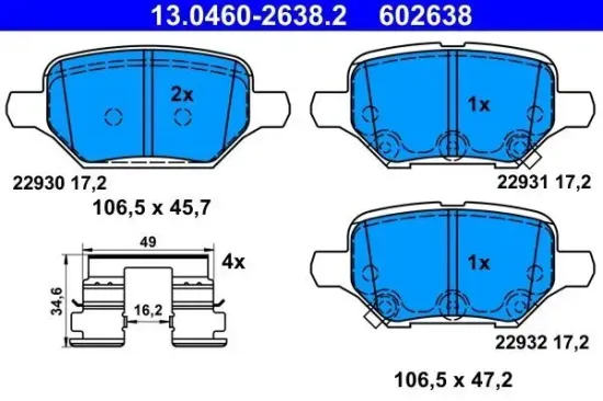 Bremsbelagsatz, Scheibenbremse Hinterachse ATE 13.0460-2638.2 Bild Bremsbelagsatz, Scheibenbremse Hinterachse ATE 13.0460-2638.2