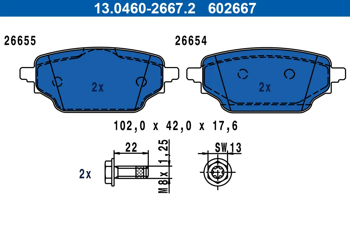 Bremsbelagsatz, Scheibenbremse Hinterachse ATE 13.0460-2667.2