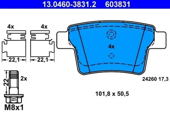 Bremsbelagsatz, Scheibenbremse Hinterachse ATE 13.0460-3831.2 Bild Bremsbelagsatz, Scheibenbremse Hinterachse ATE 13.0460-3831.2