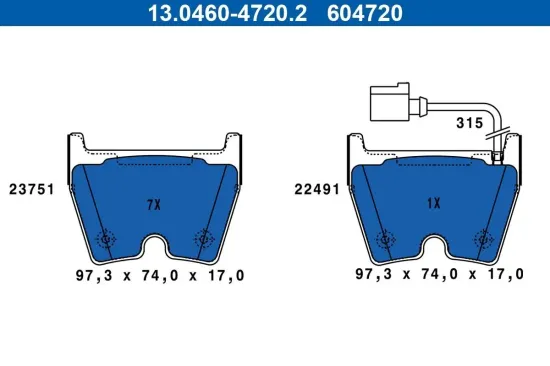 Bremsbelagsatz, Scheibenbremse Vorderachse ATE 13.0460-4720.2 Bild Bremsbelagsatz, Scheibenbremse Vorderachse ATE 13.0460-4720.2