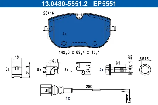 Bremsbelagsatz, Scheibenbremse Vorderachse ATE 13.0480-5551.2 Bild Bremsbelagsatz, Scheibenbremse Vorderachse ATE 13.0480-5551.2