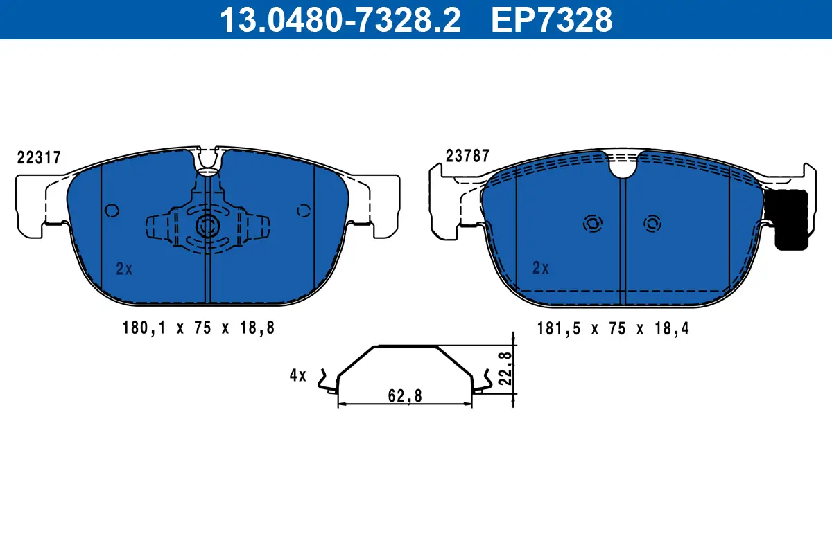 Bremsbelagsatz, Scheibenbremse Vorderachse ATE 13.0480-7328.2